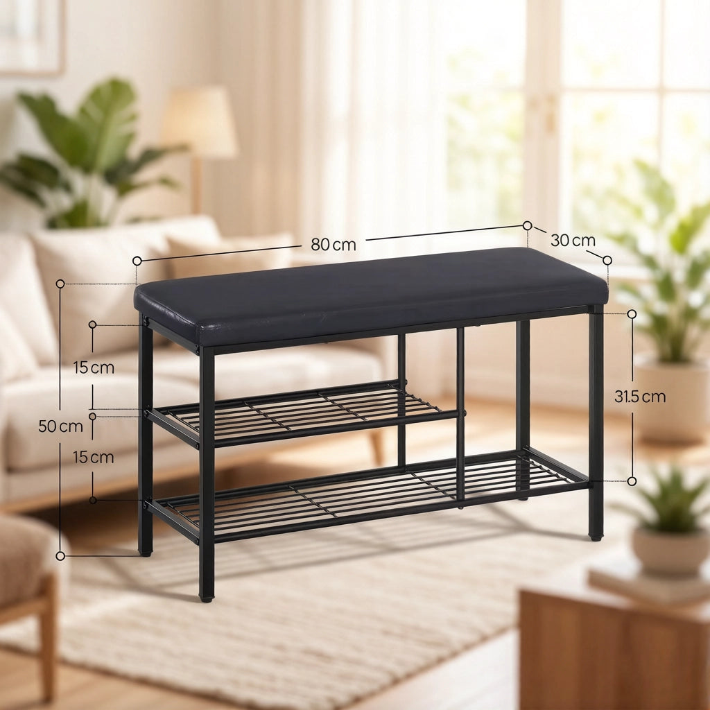 Panca portascarpe salvaspazio con seduta e 3 scomparti aperti in metallo e similpelle nera 80 × 30 × 50 cm