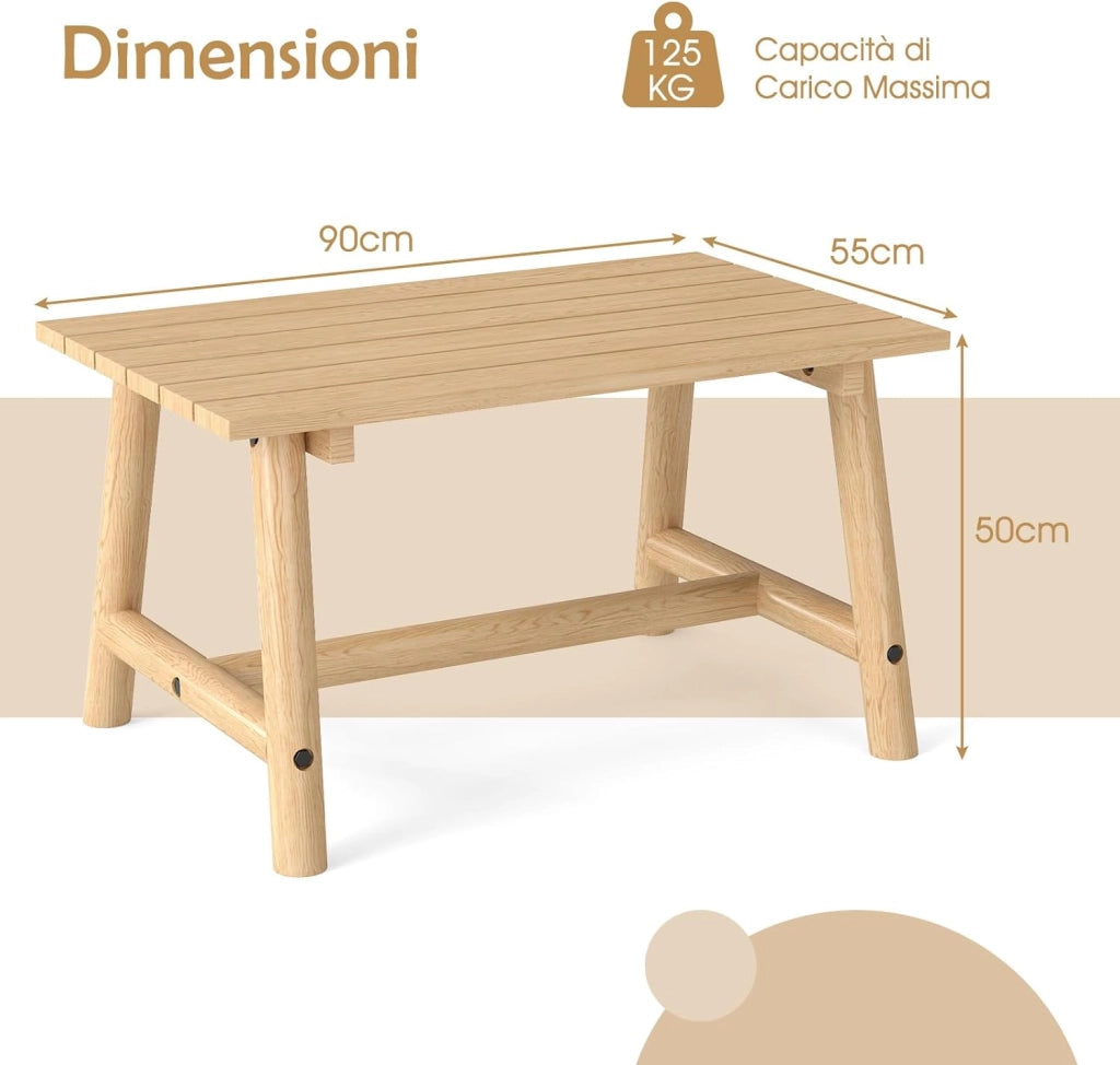 Tavolino da Caffè per Esterno, Tavolino Laterale in Legno con Piano a Doghe, Tavolo Rettangolare per Prato Balcone, Bordo Piscina, Portata 125 kg (Naturale)