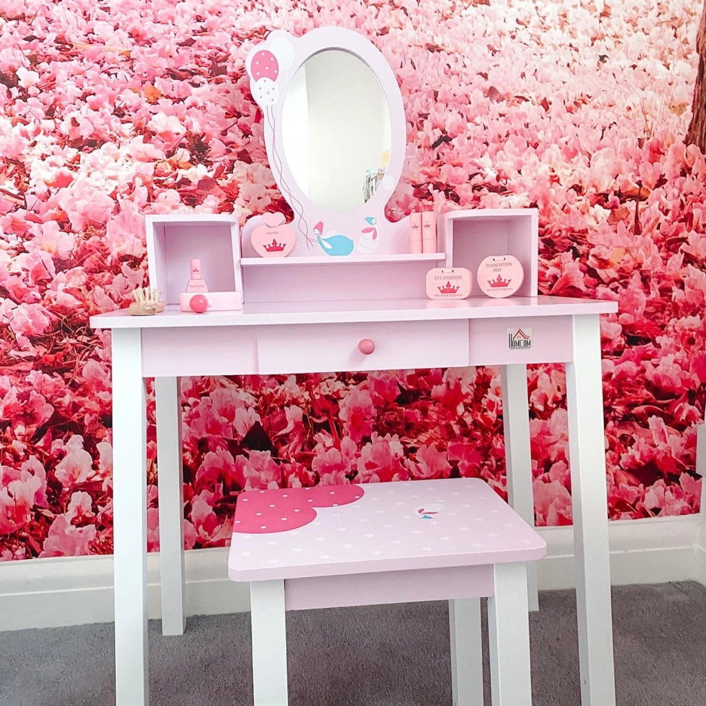 EasyComfort Toeletta per Bambine +3 Anni in Legno, Set Tavolo da Trucco Giocattolo con Specchio e Sgabello, Rosa