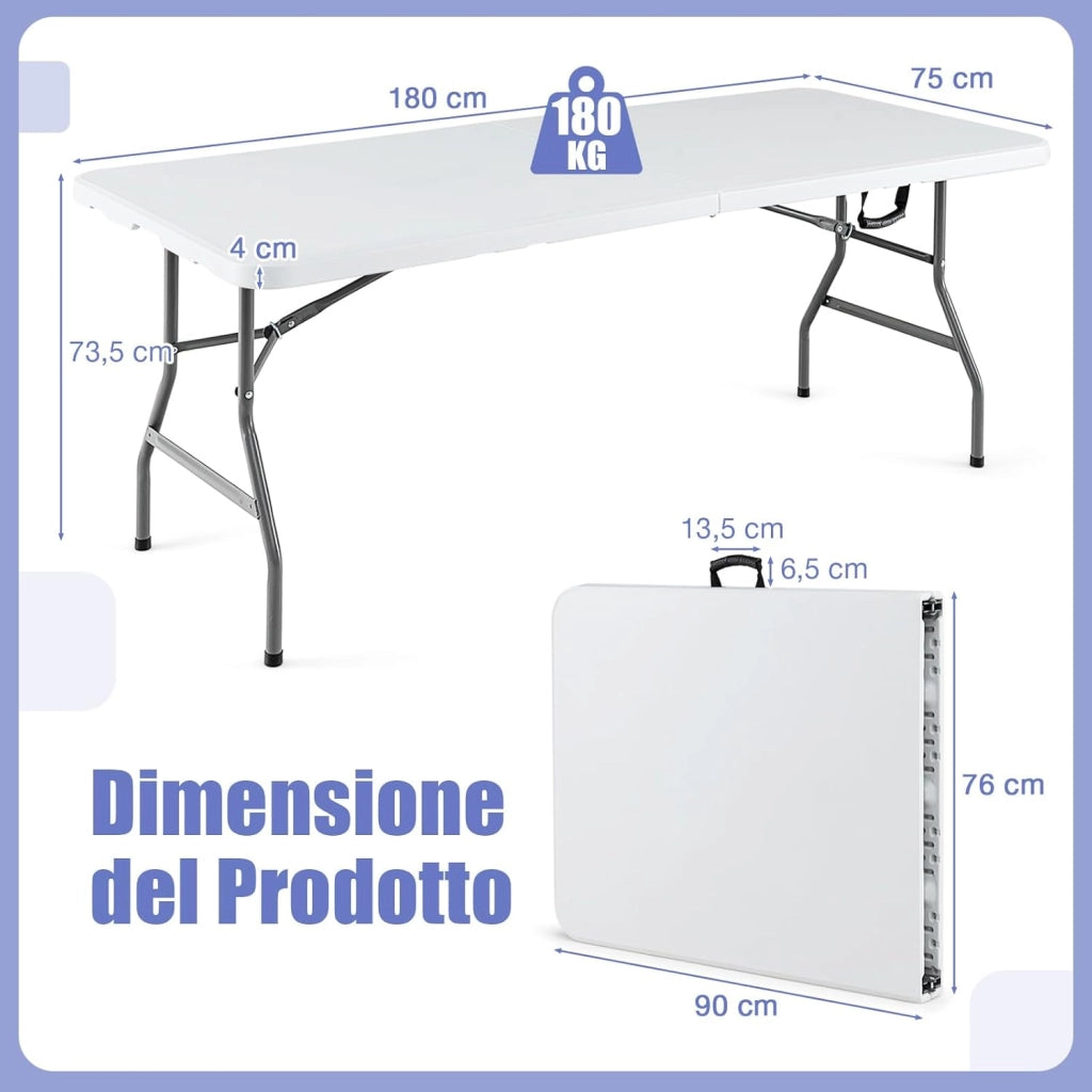 Tavolo da Pranzo Pieghevole 180 cm, Tavolo Campeggio in Plastica con Maniglia, Gambe in Metallo e Piedini Antiscivolo, per Picnic, Campeggio, Giardino, Portata 180 kg