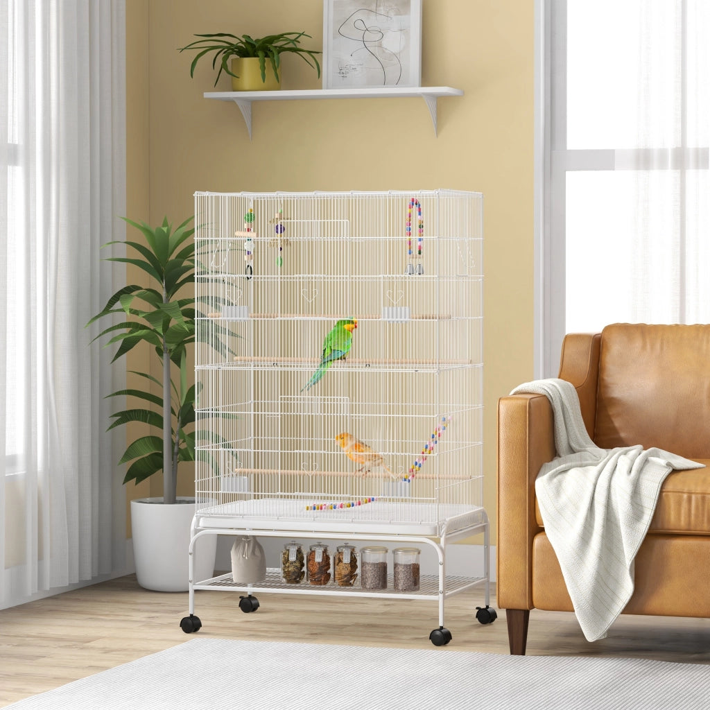 Gabbia per Uccelli con Ruote ¨C Xylo ¨C 79x49x133 cm Bianco con 4 Mangiatoie e 3 Trespoli