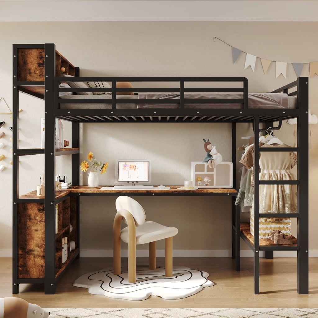 Letto a soppalco singolo 90×200 cm con scrivania; appendiabiti; ripiani e vani portaoggetti; senza materasso; nero