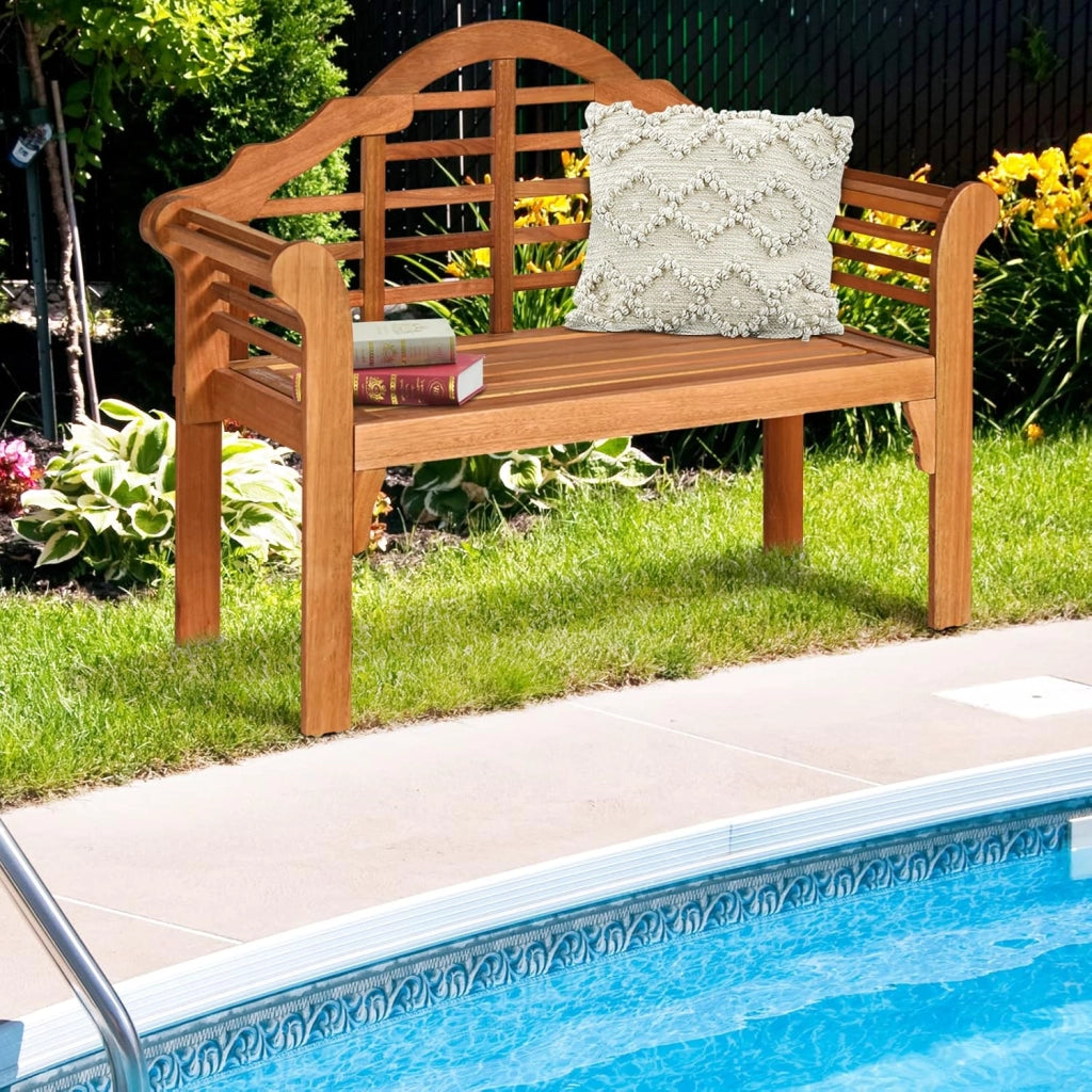 Panca da giardino pieghevole in legno per 2 persone, panca da giardino dal design elegante con schienale inclinato e braccioli ergonomici, panca da esterno di carico 320 kg per giardino