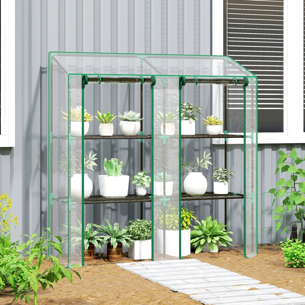 Serra da Giardino 143x46x151 cm con 6 Mensole e 2 Porte Avvolgibili Copertura in PE Trasparente