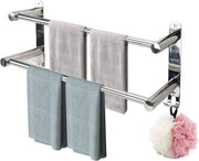 Sostegno asciugamani fissaggio a muro retrattile - 43-75 cm acciaio inox - con grucce e ripiano - bagno cucina - argento 2 strati