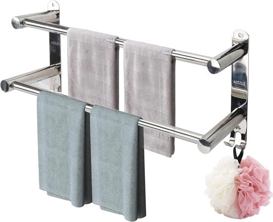 Sostegno asciugamani fissaggio a muro retrattile - 43-75 cm acciaio inox - con grucce e ripiano - bagno cucina - argento 2 strati