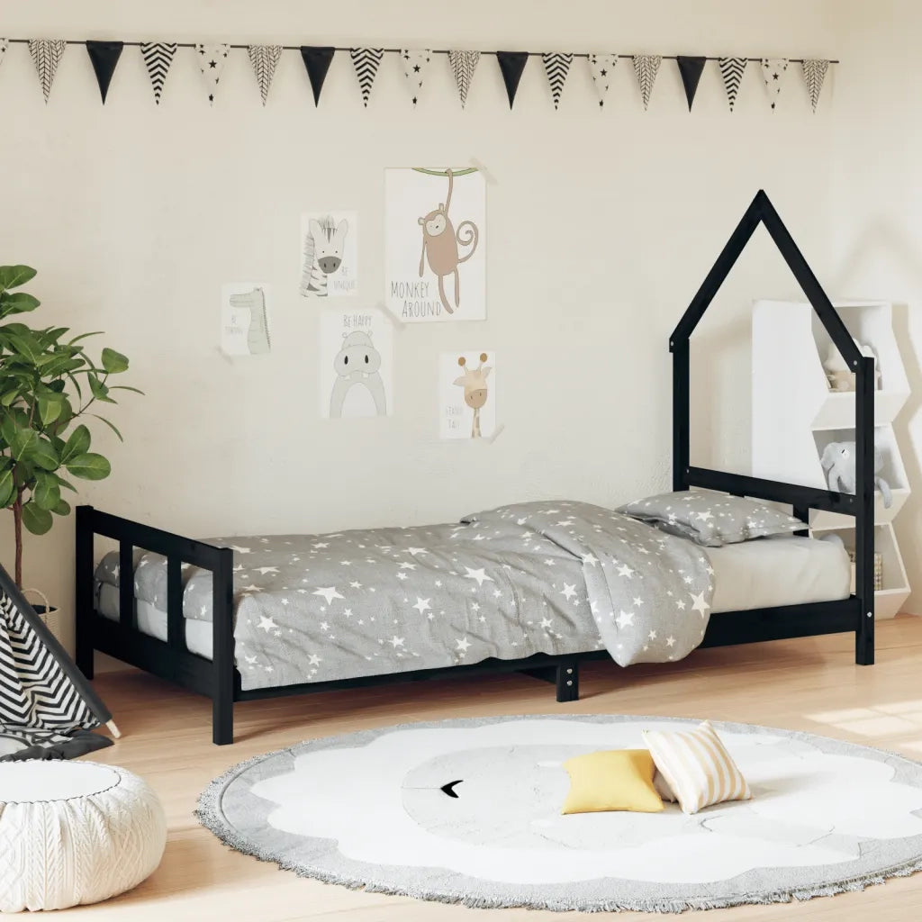 Giroletto per Bambini | Letto Infantile | Lettino Nero 90x190 cm in Legno Massello di Pino