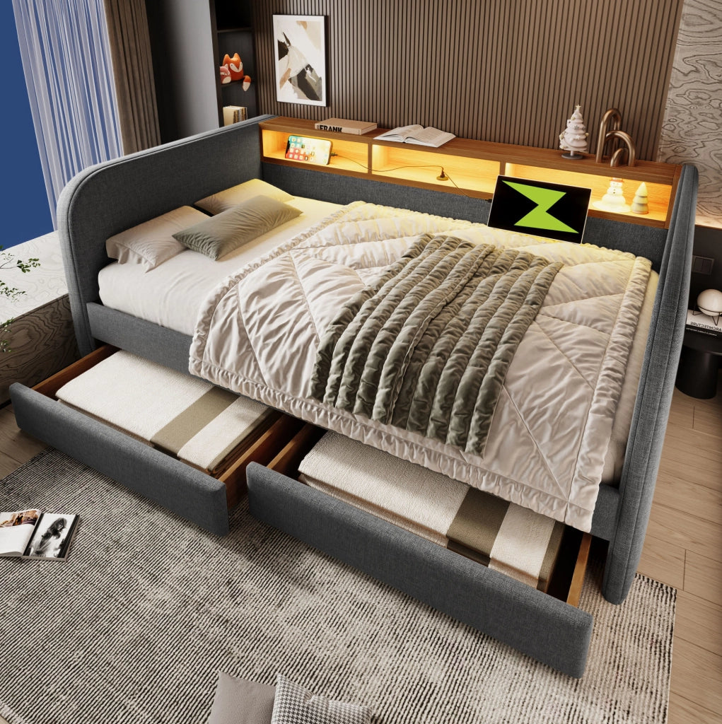 Letto imbottito 140x190 cm con LED, USB-C e 2 cassetti