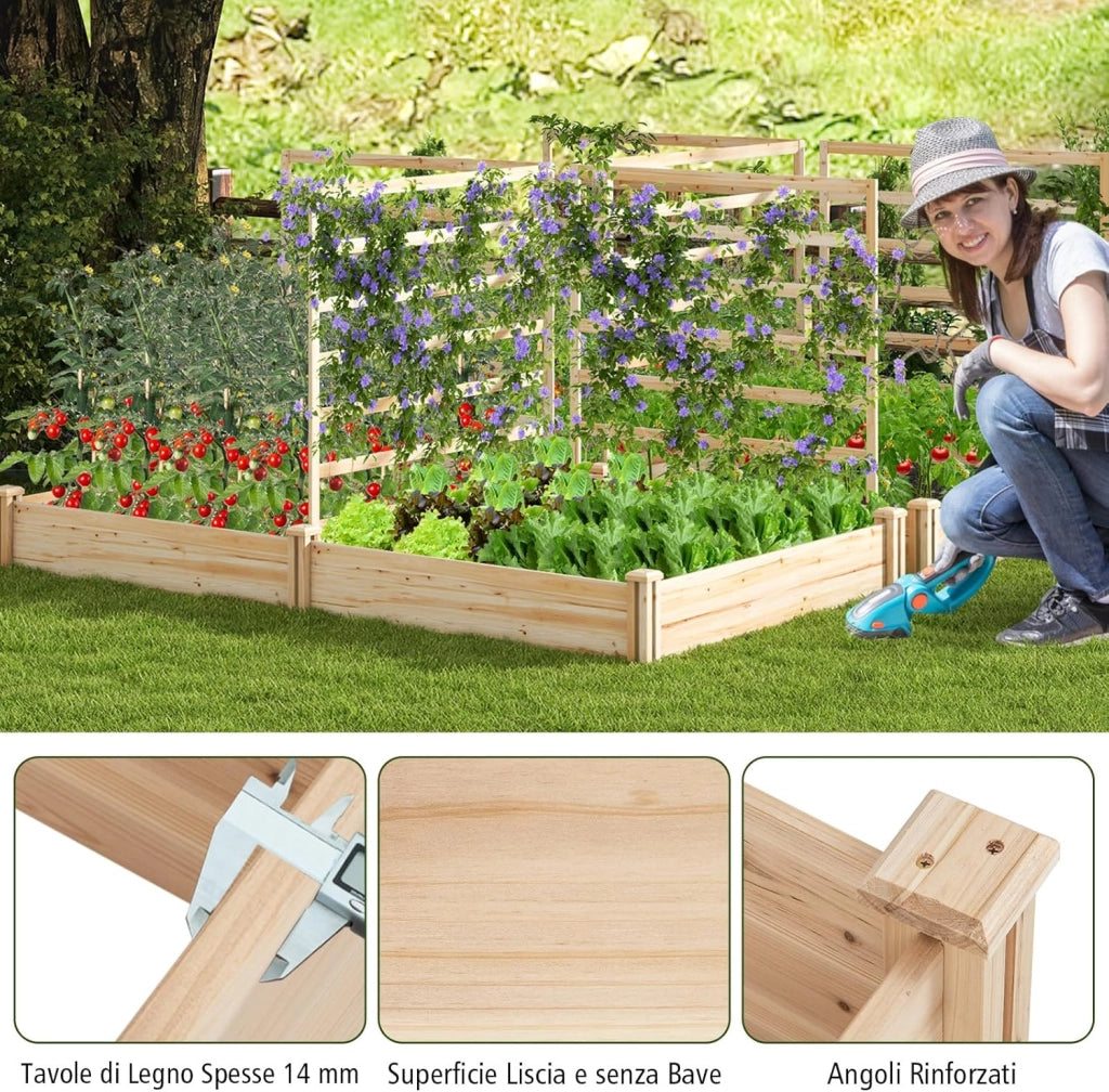 Letto Rialzato da Giardino con 2 Cassoni per Piantare e 3 Tralicci, Aiuola Rialzata da Giardino in Legno per Fiori, Erbe, Verdure, Frutta e Viti Rampicanti, 222 cm x 114 cm x 110 cm