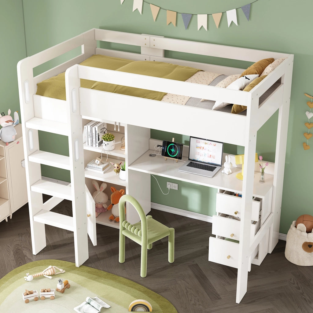 Letto a Soppalco 90x200 cm; Letto Singolo con USB; Type-C; Scrivania e Armadio - Bianco