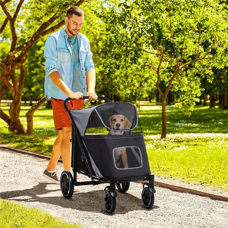 PASSEGGINO PER CANI PIEGHEVOLE CON INGRESSI A CERNIERA E FINESTRE A RETE 112X65X100 CM GRIGIO SCURO E NERO