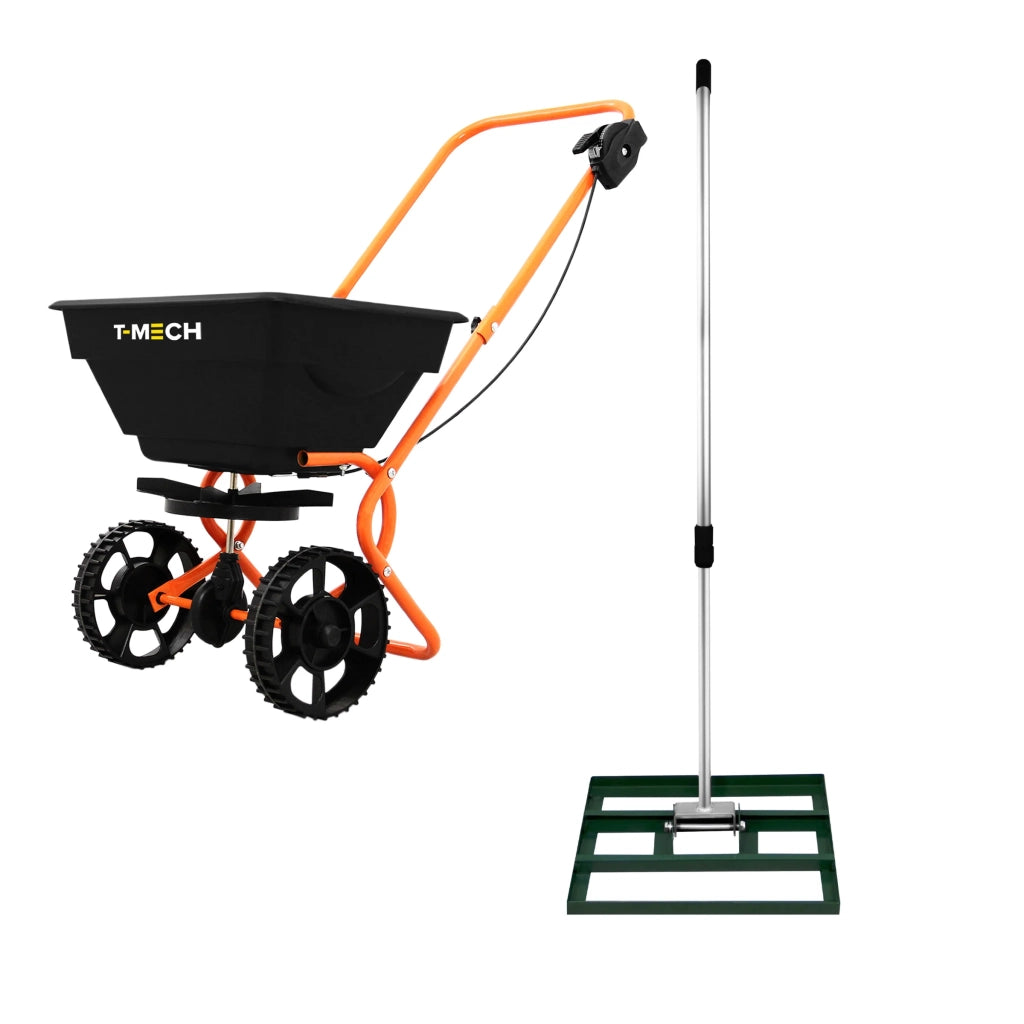 Spargitore Rotante Fertilizzante & Livella Prato 50cm Rastrello Verde Manico Estensibile