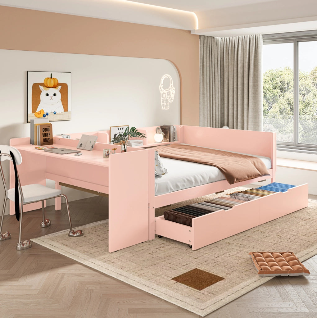 Letto matrimoniale 140x200 cm con scrivania, scaffali e 2 cassetti rosa