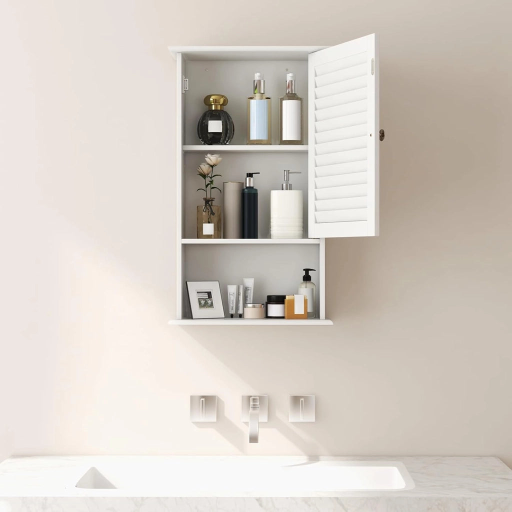 Armadio da Bagno a Parete con Porta, 2 Ripiani Regolabili e Scomparto Aperto, Armadio in Legno a 3 Livelli, Mobile Multiuso per il Bagno, Cucina, Ingresso, 42x17x70 cm (Bianco)