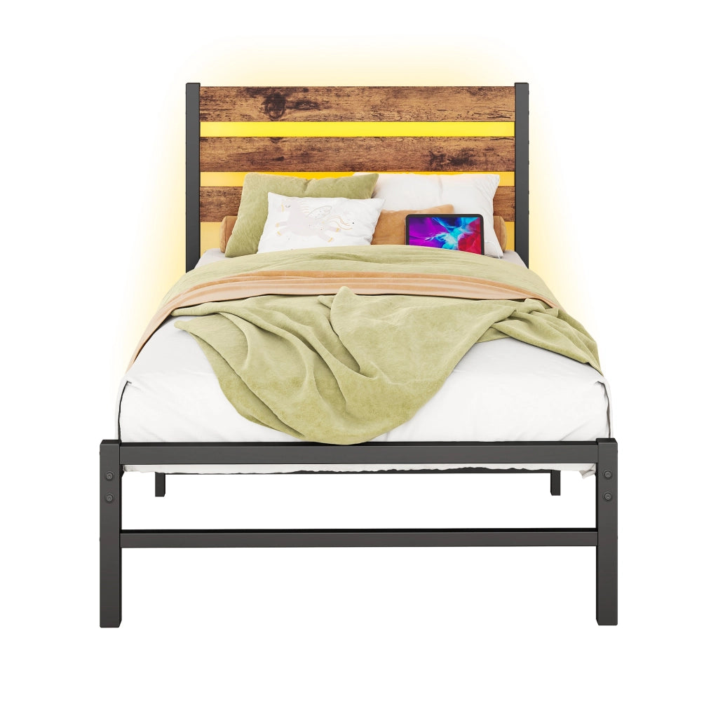 Letto in metallo con USB e LED 90x200 cm MDF marrone e metallo