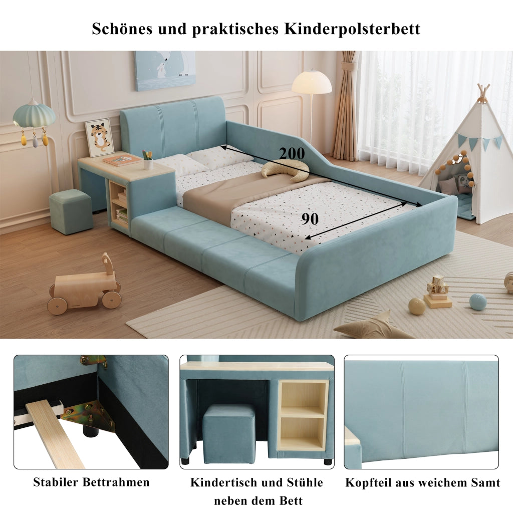 LETTO Singolo imbottito 90x200 cm con scrivania e sgabello in velluto blu