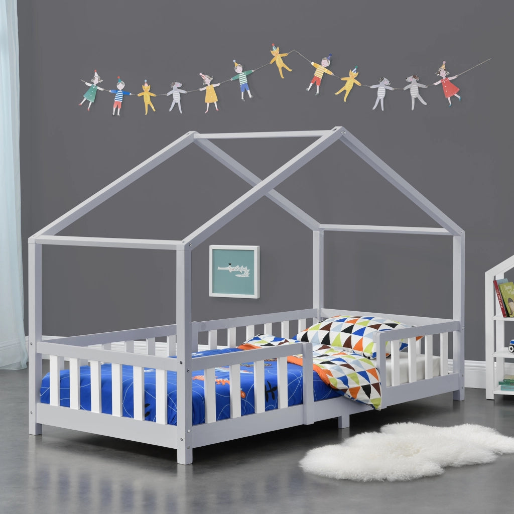 Letto per Cameretta Treviolo a Forma di Casetta 90x200 cm Grigio chiaro / Bianco [en.casa]