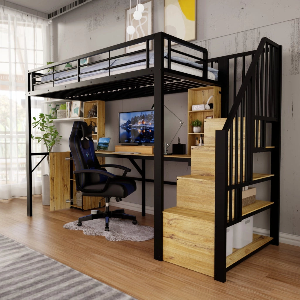 Letto a soppalco 90x200 cm con scrivania; scale contenitore e USB in metallo; compensato e MDF nero