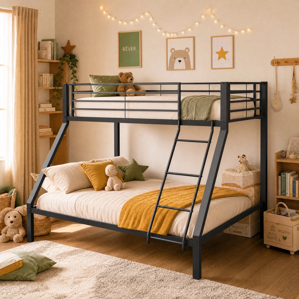 Letto a Castello 90 x 200 cm e 140 x 200 cm con Scala Reversibile in Metallo Nero