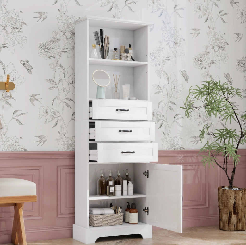 Mobile bagno alto in MDF bianco con 3 cassetti e ripiani