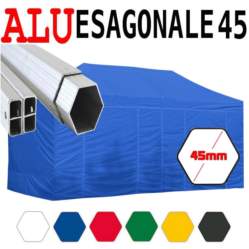 Gazebo 3X6 m blu pieghevole alluminio piantone esagonale 45mm portatile estendibile richiudibile estensibile acciaio con laterali per fiere eventi stand chiosco tenda tendone mercato mercatino