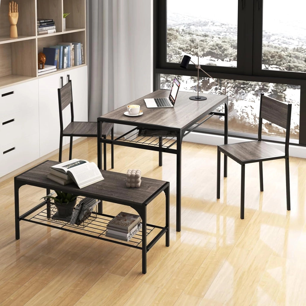 Set di tavolo da pranzo per 4, tavolo rettangolare con 2 sedie, 1 panchina, mensole, telaio in metallo resistente, set da pranzo da 4 pezzi, sala da pranzo, cucina (grigio), NF88000
