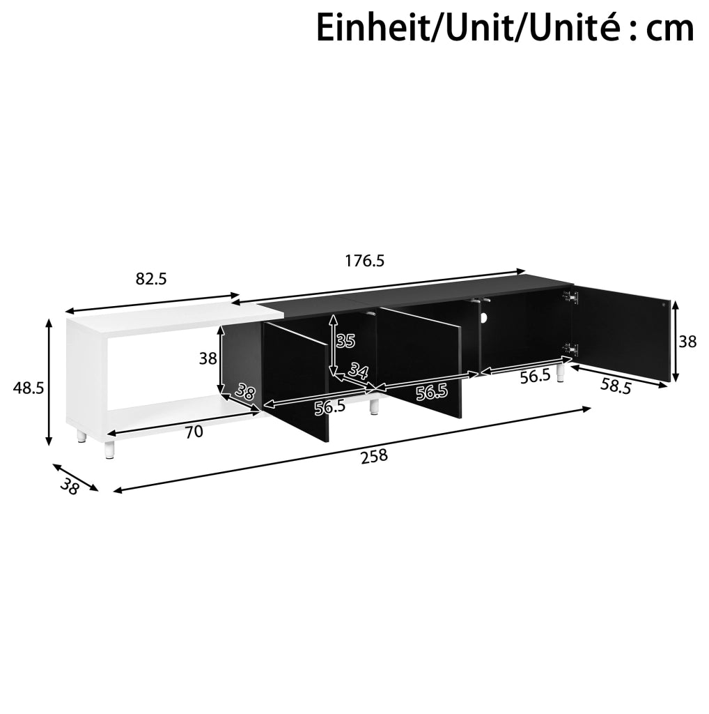 Mobile TV 258x38x48.5 cm allungabile con 3 ante; MDF e pannello truciolare; nero e bianco