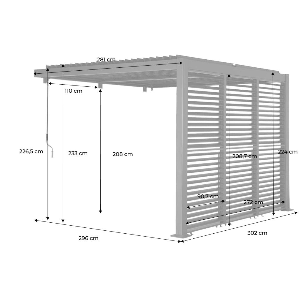 Pergola bioclimatica in alluminio addossata 3x3m + 3 persiane 100cm