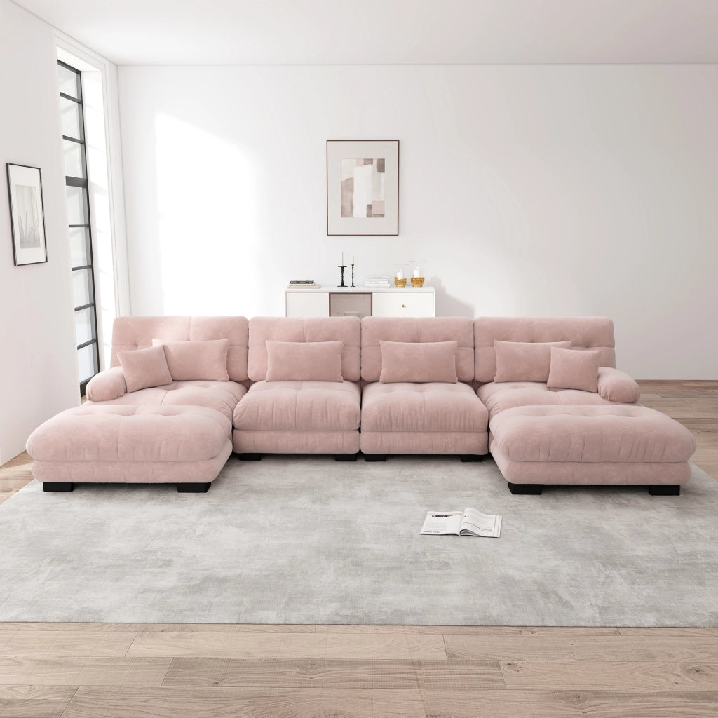 Divano modulare angolare a U con pouf mobile, cuscini e sedute effetto cloud in ciniglia vintage rosa per soggiorno