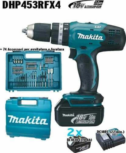 MAKITA Trapano avvitatore a batteria 18V 3.0 Ah Trapano a percussione DHP453RFX4