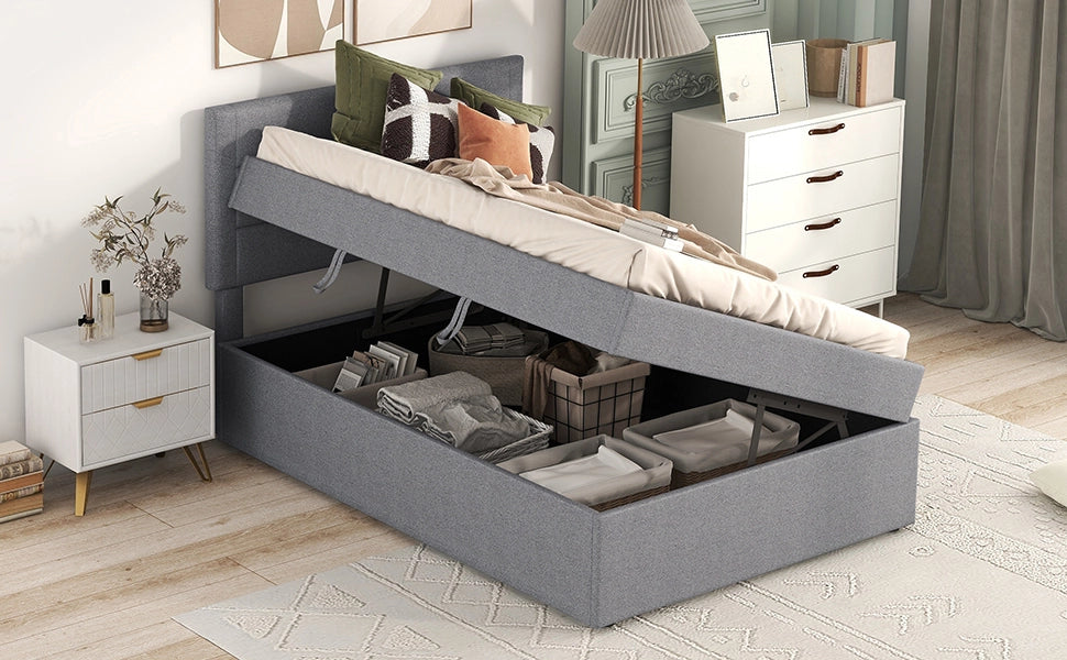 DESMIU Letto singolo 90 × 200 cm con contenitore sotto il letto, senza materasso, in lino e MDF, grigio