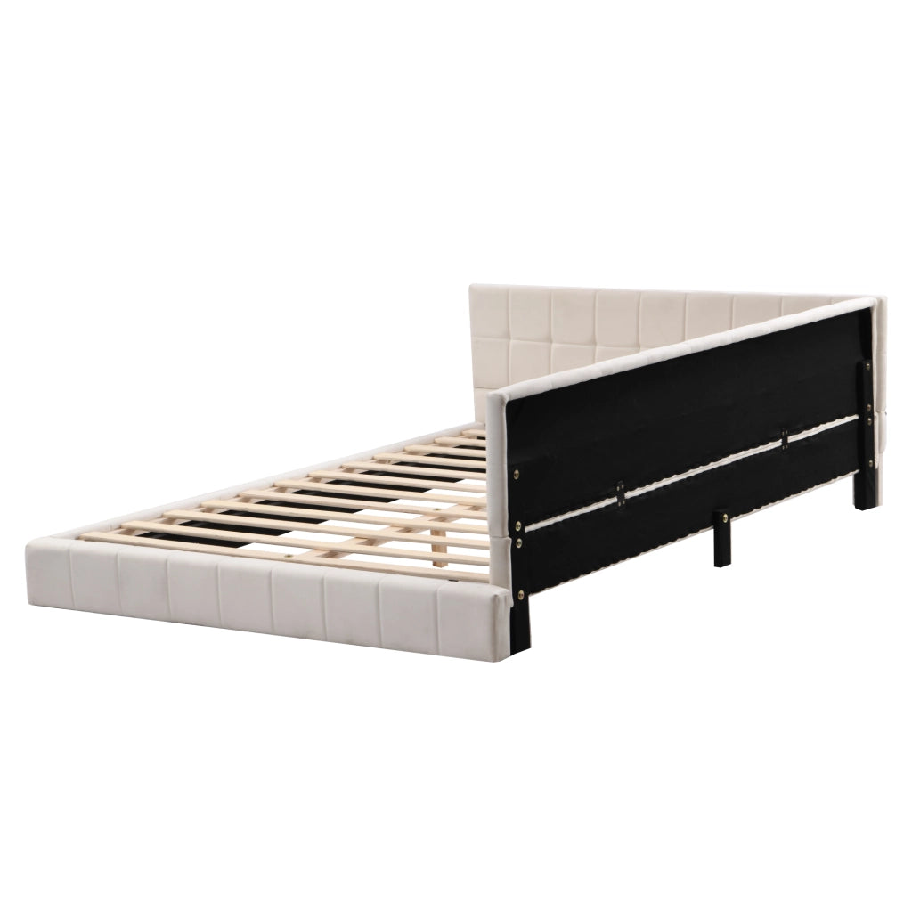 OKWISH Letto a Divano 140×200 cm, Letto Matrimoniale con Schienale Reversibile e Bracciolo, senza Materasso, in Tessuto Imbottito, Beige