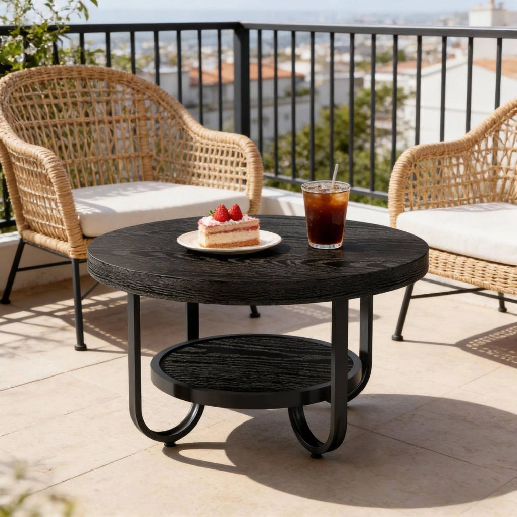Tavolino da caffè rotondo a 2 livelli in MDF e metallo nero; piano ? 79 cm