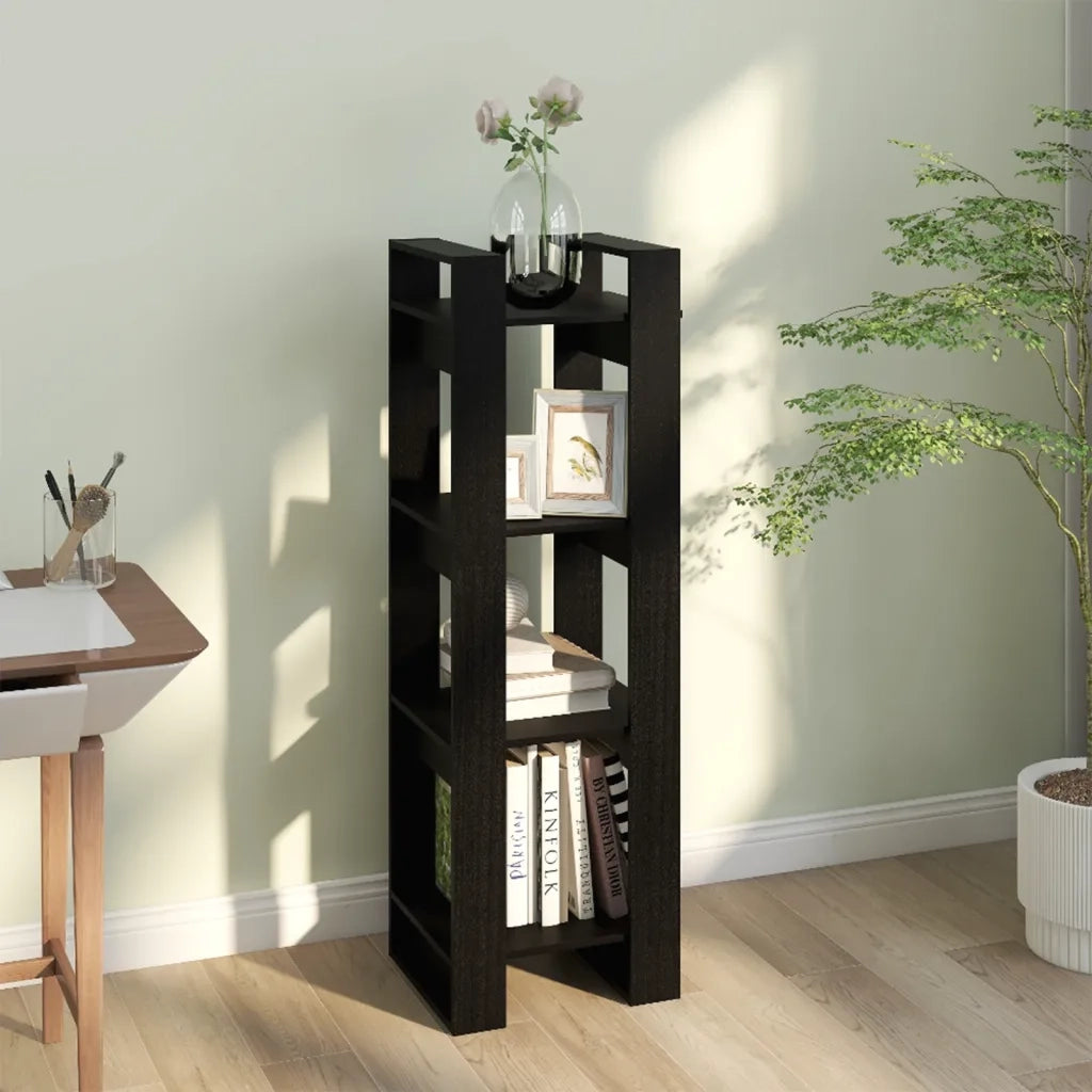 Libreria Divisorio-Scaffale per Libri-Mobile di Stoccaggio Nero 41x35x125 cm in Legno Massello di Pino