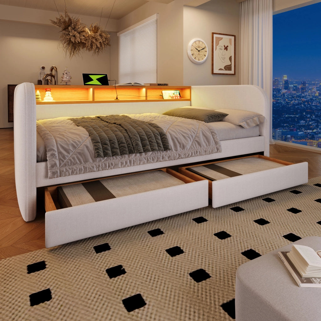 Letto combinato 140 × 190 cm con LED regolabile, USB, Type-C, 2 cassetti e testiera contenitore, senza materasso