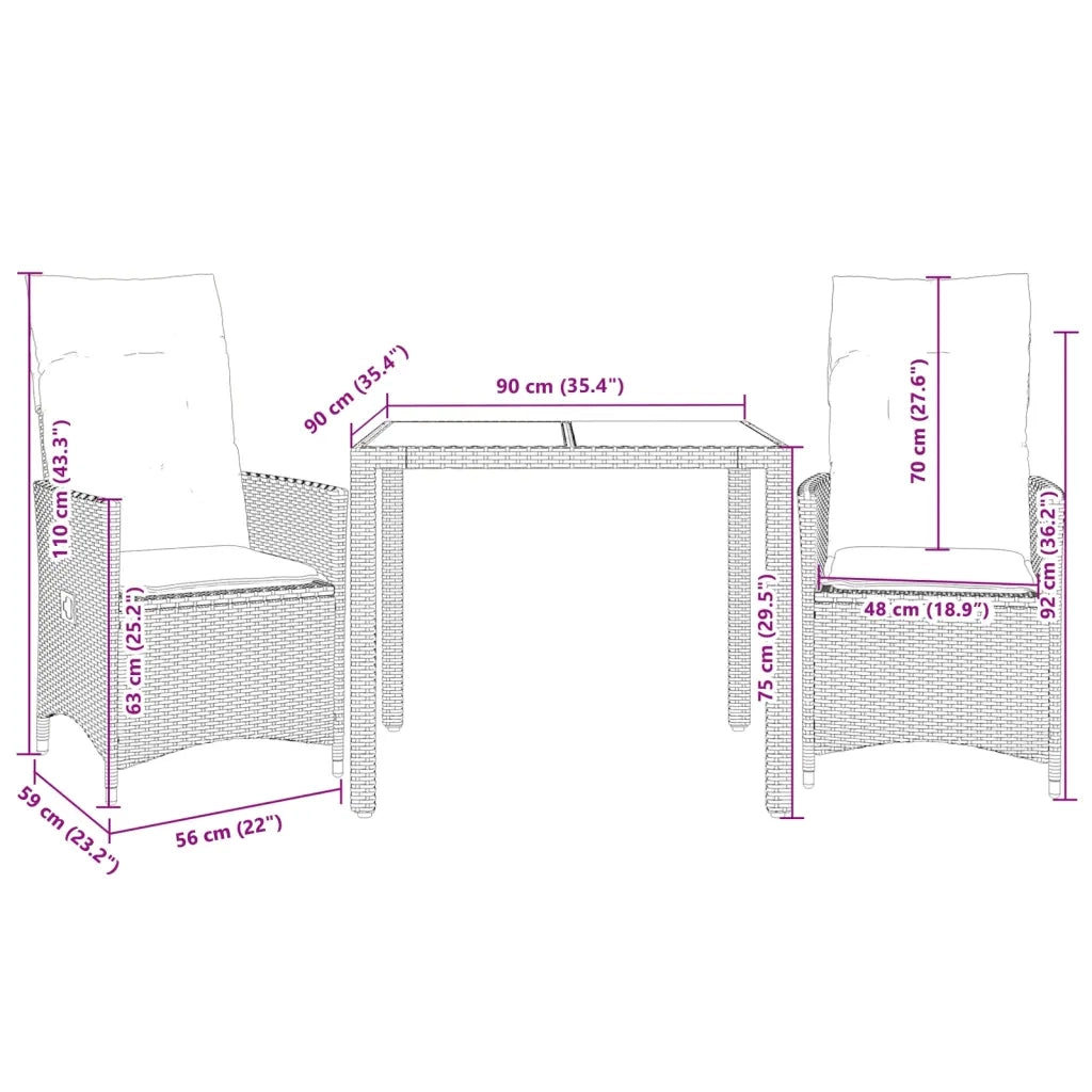 Set da BistrÃ² 3 pz con Cuscini Grigio in Polyrattan