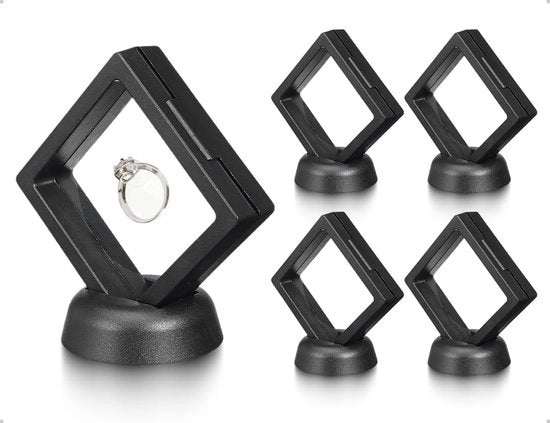 Set di Sostegni Fluttuanti da 4 - Display - Mini Vetrina - Sostegno - Presentazione Gioielli - Nero con Base - Display da Dozzina