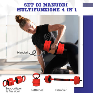 Set Pesi da Palestra 4 in 1 da 30kg Convertibile in Kettlebell 2 Manubri Bilanciere e Supporto Flessioni Rosso