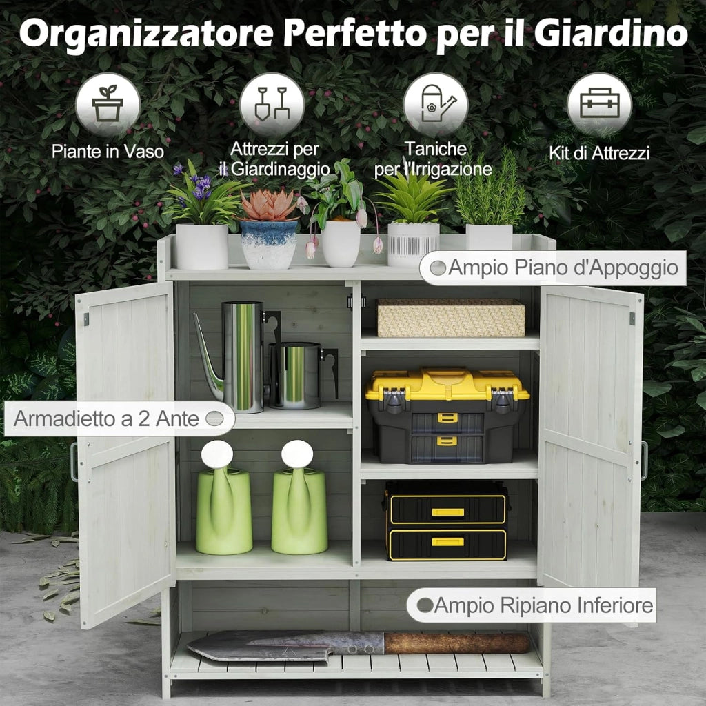 Armadio da Esterno in Legno Massello | Armadietto da Giardino con Ripiani Rimovibili, 2 Ante e Piano di Lavoro, per Balcone e Cortile
