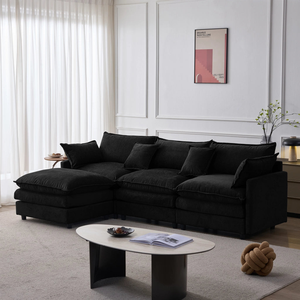 Divano angolare modulare 3 posti con pouf mobile chaise longue e rivestimento sfoderabile in chenille nero