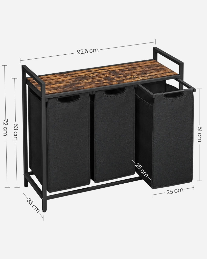 Cesto portabiancheria con 3 scomparti e 1 ripiano rimovibile per sacchetti capacità 38 litri per sacchetto per bagno o lavanderia marrone 12_0006756