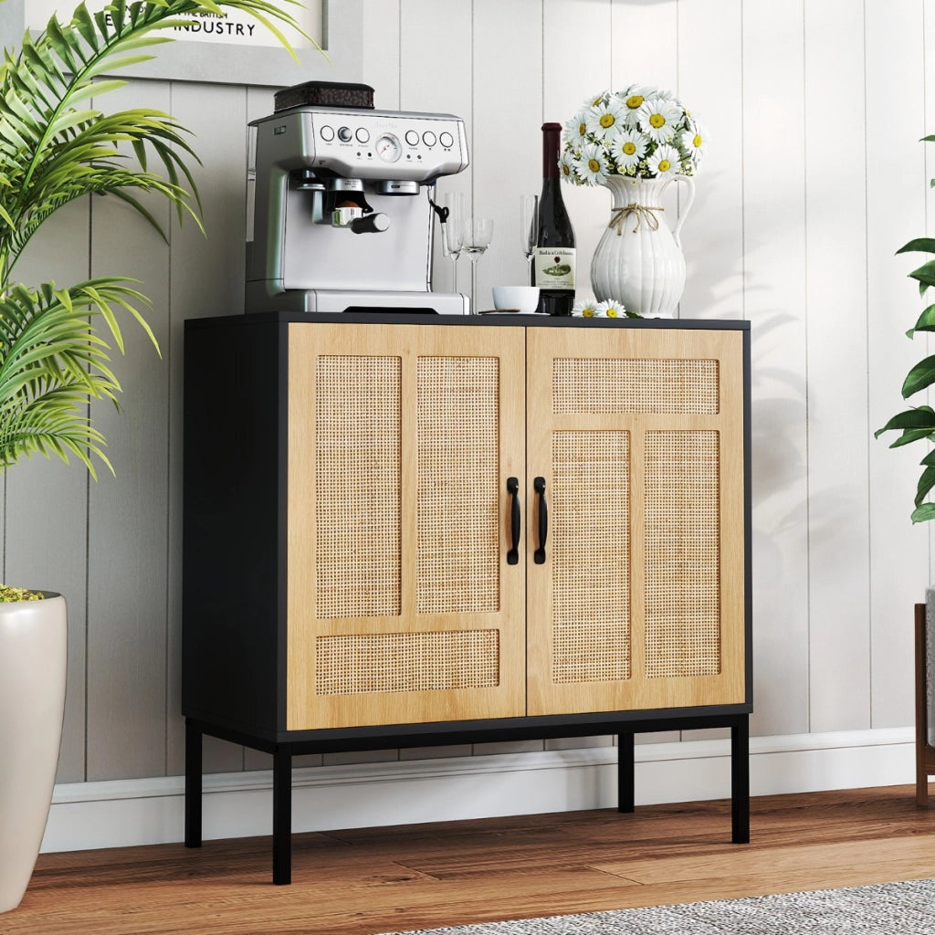 Armadietto boho con motivo asimmetrico con ripiano regolabile a 3 posizioni, Armadio portaoggetti in rattan per cucina Nero-Credenze buffet