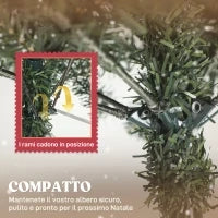 Albero di Natale Alto 210 cm da Interno con 928 Rami, Pigne e Bacche Rosse, Base in Metallo, Verde