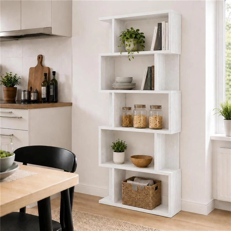 LIBRERIA CUBICA IN LEGNO BIANCO MODERNA CON CINQUE RIPIANI SFALSATI DIMENSIONI 70X24X159 CM
