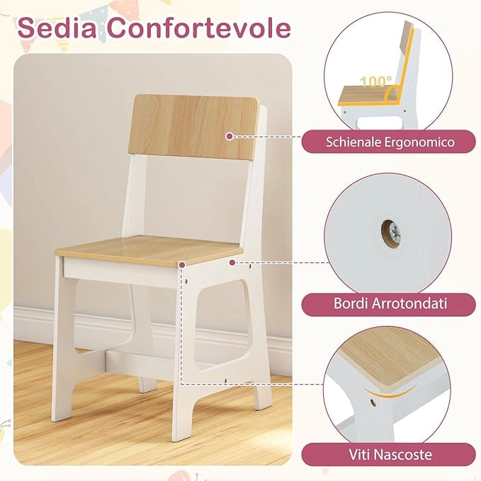 Set Scrivania e Sedia per Bambini 3+ Anni, Tavolo da Scrittura in Legno con Mensole, Cassetto e Bacheca in Sughero, Tavolo e Sedia per Disegno e Studio (Naturale)