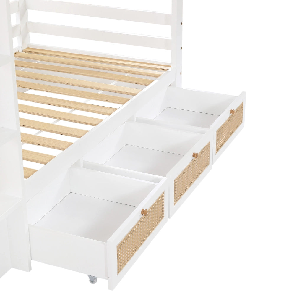 Letto a castello 90x200 cm con 3 cassetti e sponde di sicurezza; bianco e naturale