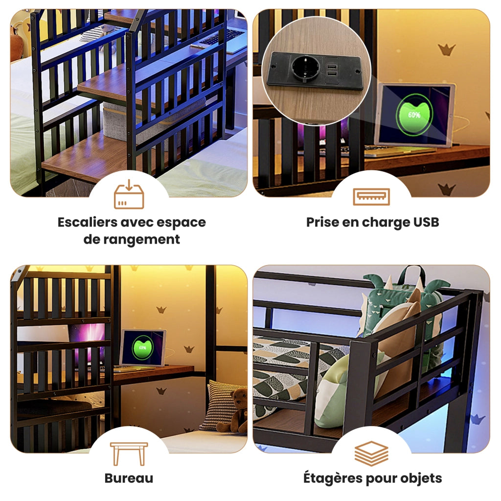 Letto a castello 90×200 cm 3 posti con LED; vano contenitore; ripiano; USB; presa e scrivania; senza materasso; nero