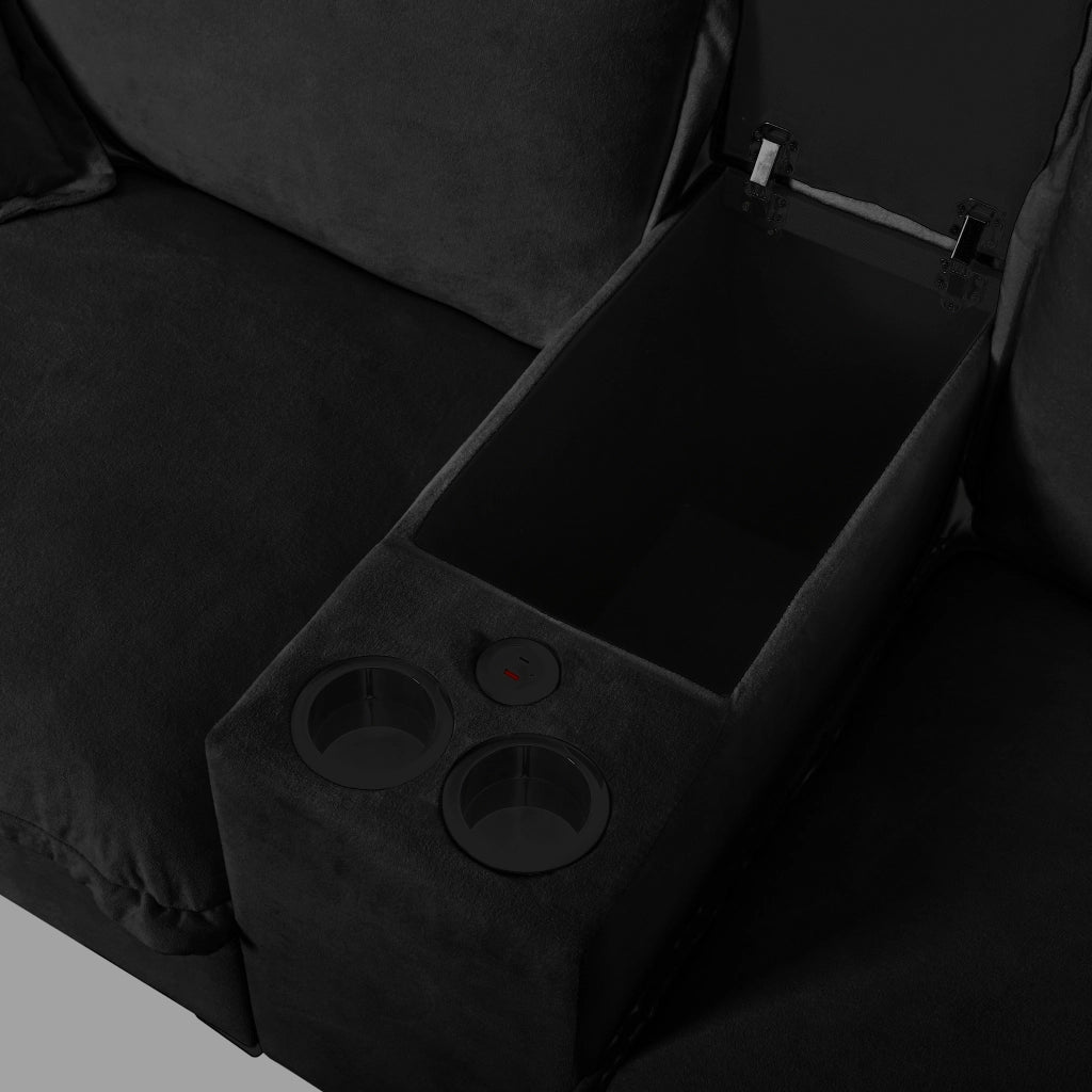 Divano angolare modulare a U con porta USB, porta bicchieri, contenitore, 2 pouf e 2 cuscini in chenille nero