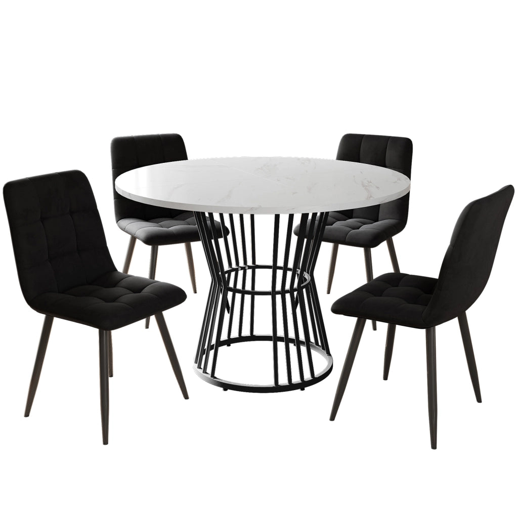 Set Tavolo da Pranzo Rotondo con 4 Sedie ¨C Xylo ¨C Piano MDF Bianco, Gambe Metallo Nero, Velluto, ?100cm
