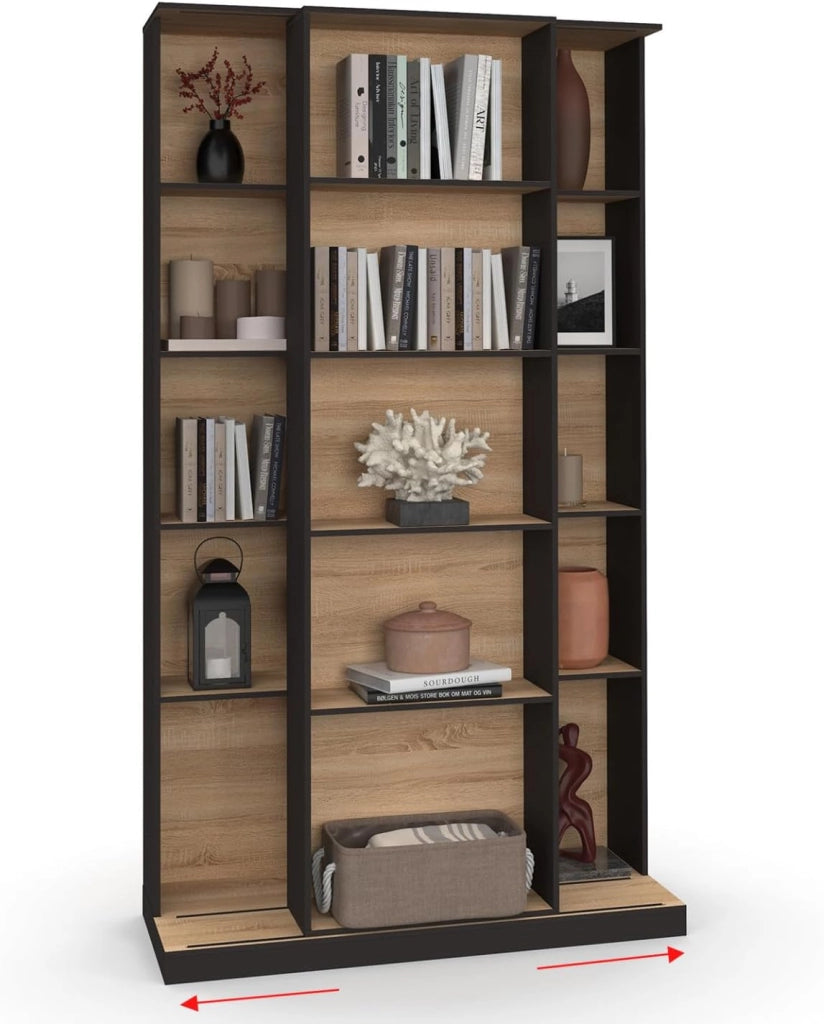 ALPHONSE Libreria scorrevole in legno e nero a 5 livelli e 15 nicchie